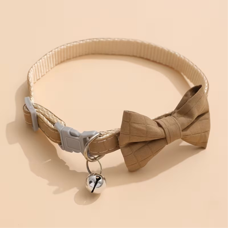 Adjustable Plaid Bow Tie Cat Collar With Bell, Khaki