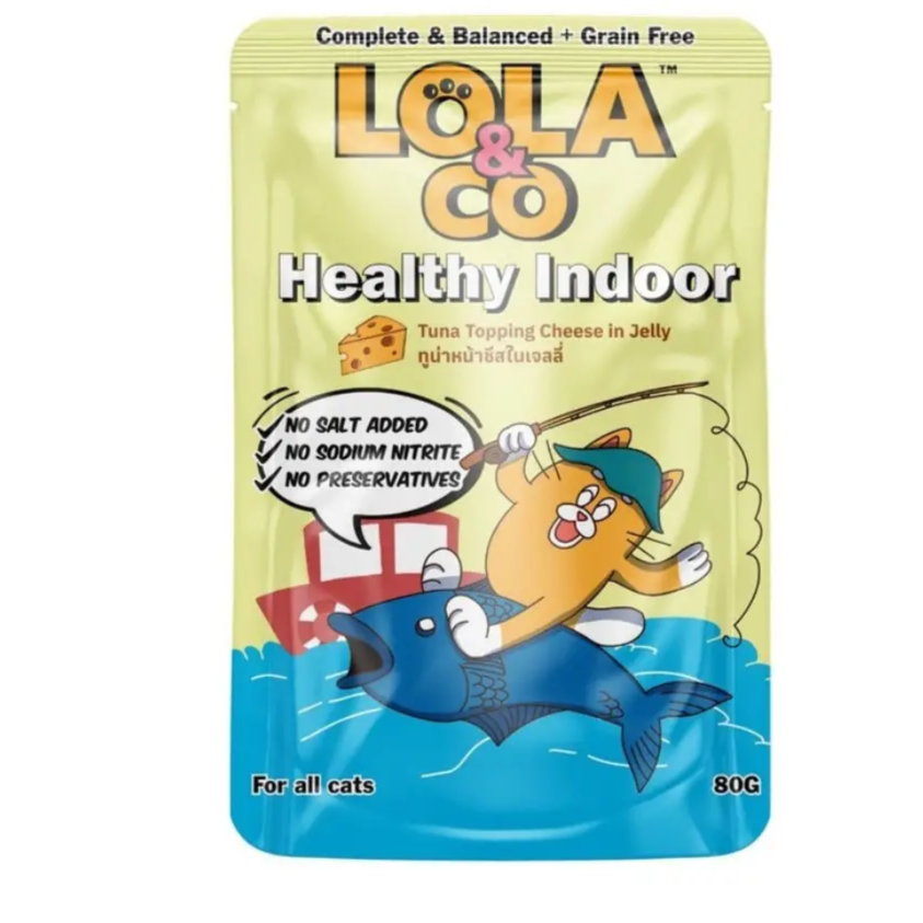 Lola & Co Healthy Indoor Pouch Tuna Topping Cheese in Jelly for All Cats 12x80g