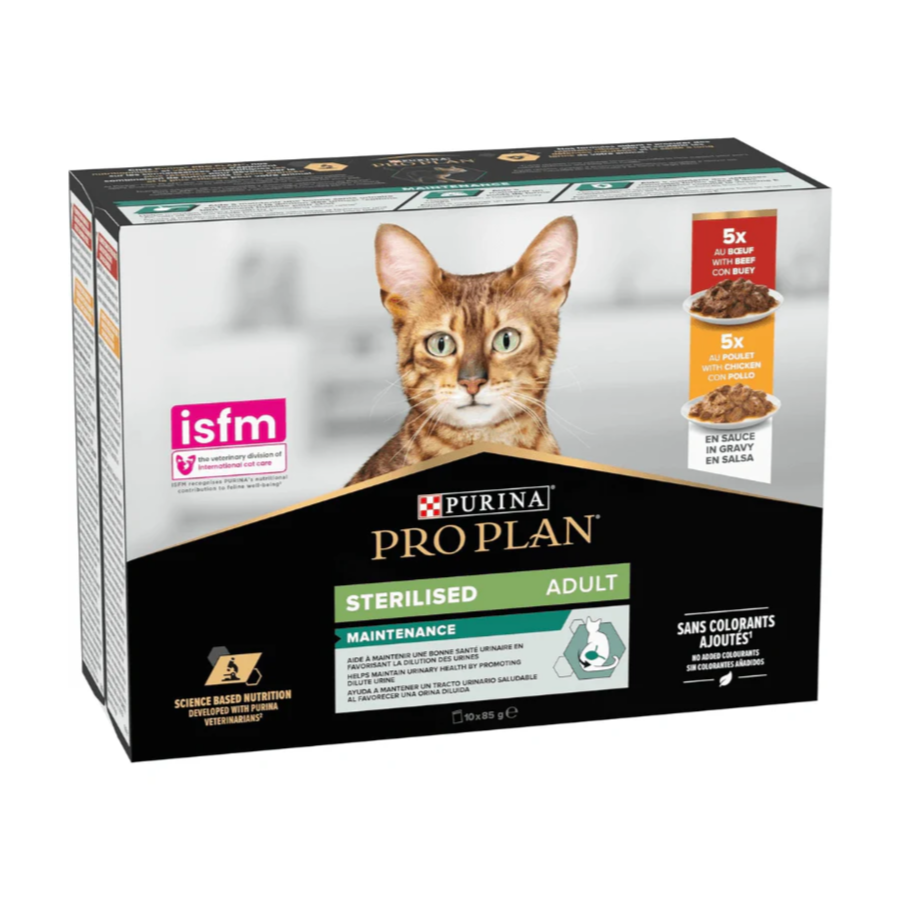 PRO PLAN STERILISED ADULT WET CAT FOOD, CHICKEN AND BEEF, MIX-FLAVOR PACK, 10X85G