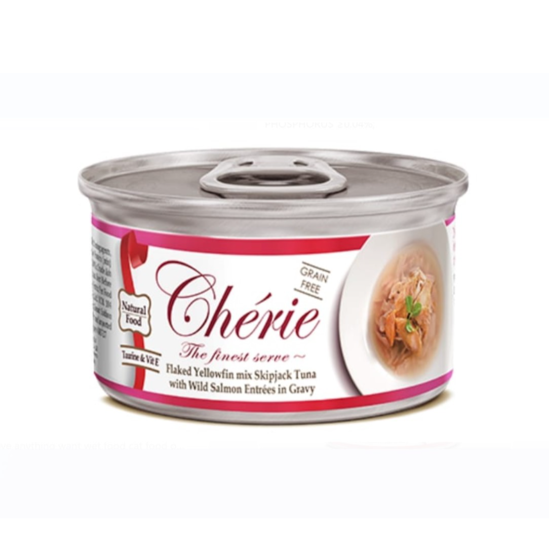 Cherie Flaked Yellowfin Mix Skipjack Tuna with Wild Salmon Entrees in Gravy Cat Wet Food 80g