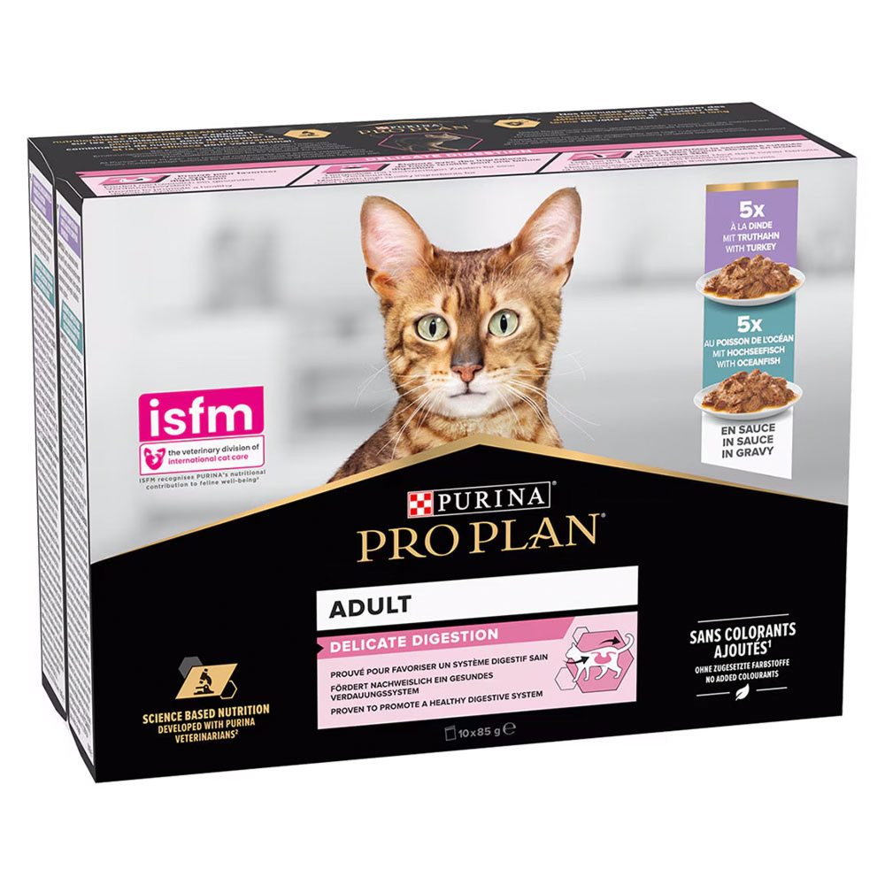 PRO PLAN DELICATE DIGESTION ADULT WET CAT FOOD, TURKEY AND OCEAN FISH, MIX-FLAVOR PACK, 10X85G