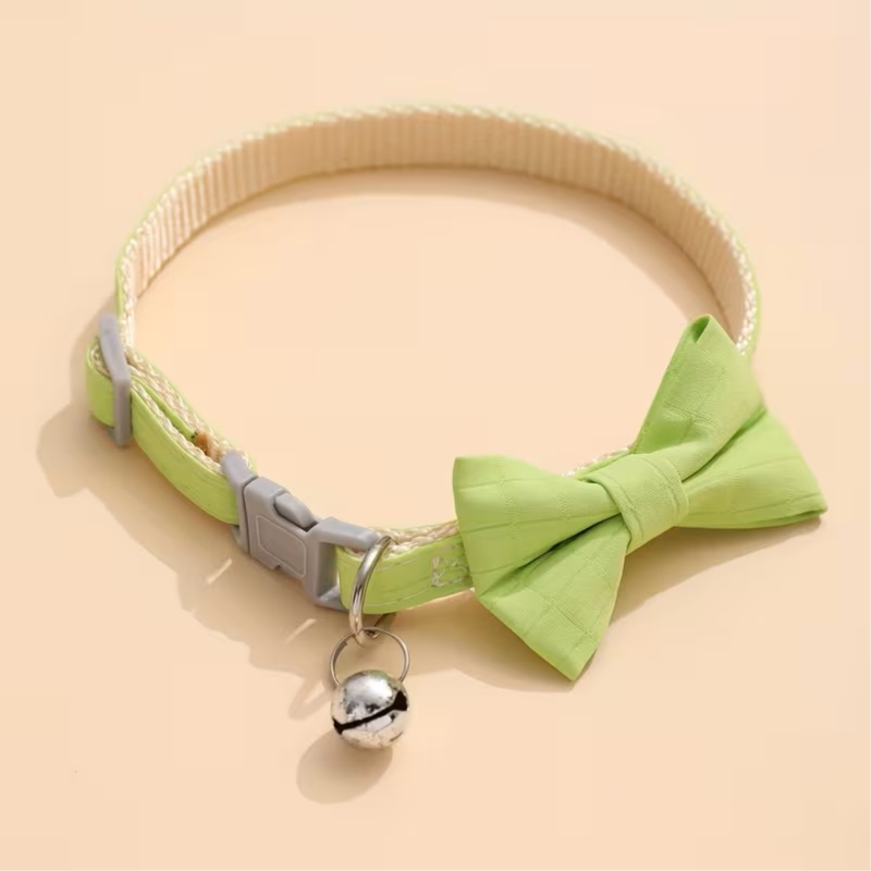 Adjustable Plaid Bow Tie Cat Collar With Bell, Fluorescent Green