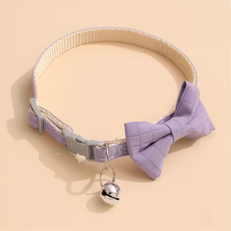 Adjustable Plaid Bow Tie Cat Collar With Bell, Purple