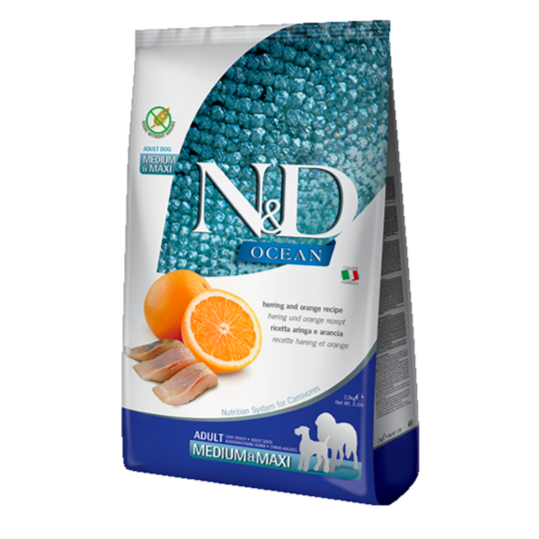 Farmina N&D Medium & Maxi Adult Dry Dog Food With Ocean Herring & Orange, 2.5kg