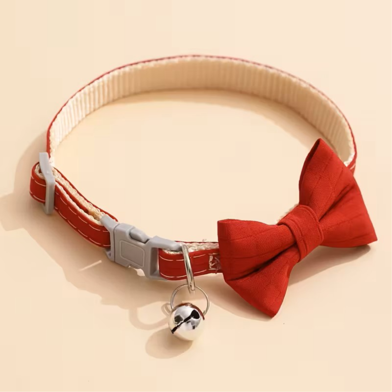 Adjustable Plaid Bow Tie Cat Collar With Bell, Red