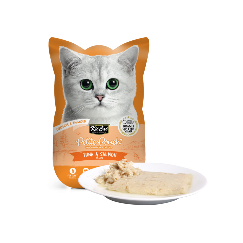 Kit Cat Petite Pouch Complete And Balanced Tuna And Salmon In Aspic