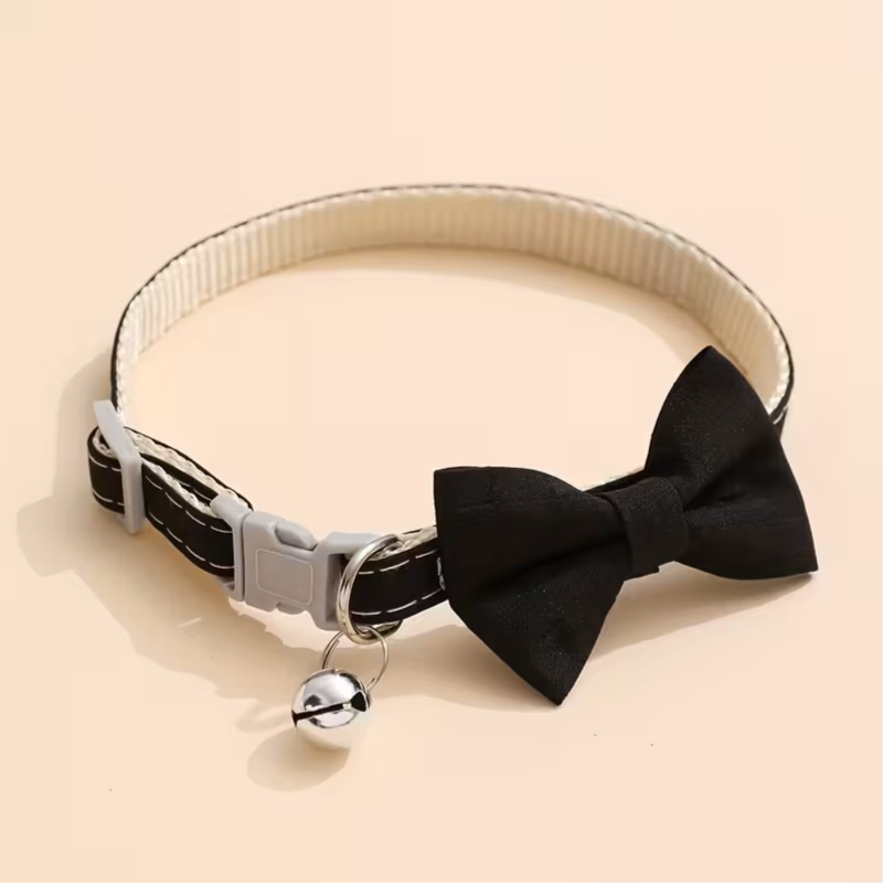 Adjustable Plaid Bow Tie Cat Collar With Bell, Black