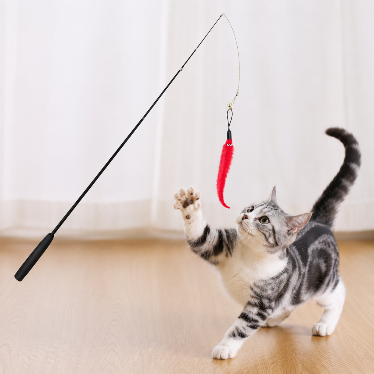 Interactive Feather Teaser Wand Cat Toy – Red Feather