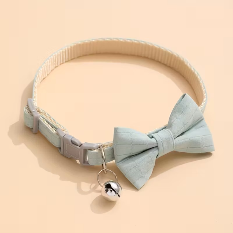 Adjustable Plaid Bow Tie Cat Collar With Bell, Light Blue