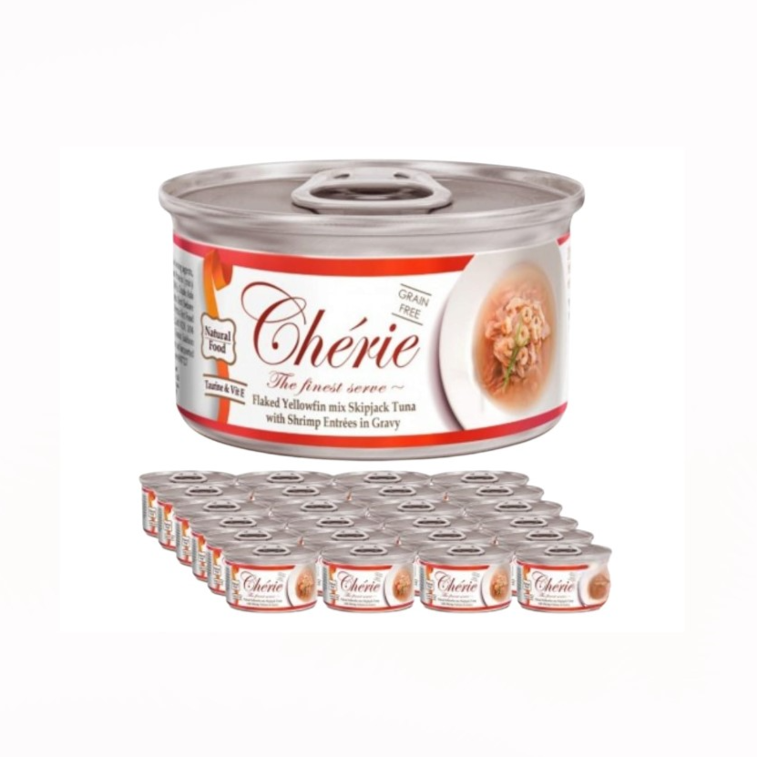 Cherie Flaked Yellowfin Mix Skipjack Tuna with Wild Salmon Entrees in Gravy Cat Wet Food 24x80g