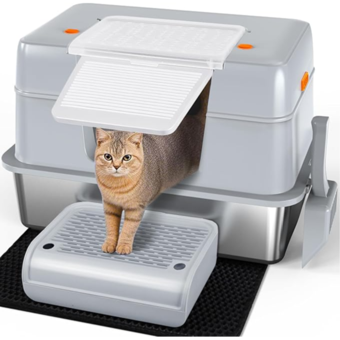 Stainless Steel Odor Control Covered Cat Litter Box, 61.5L x 19H x 41.5W cm